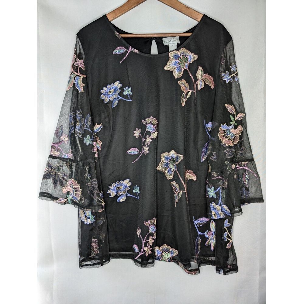 Vintage Catherine's Women's XL Embroidered Floral Blouse Black Keyhole Back